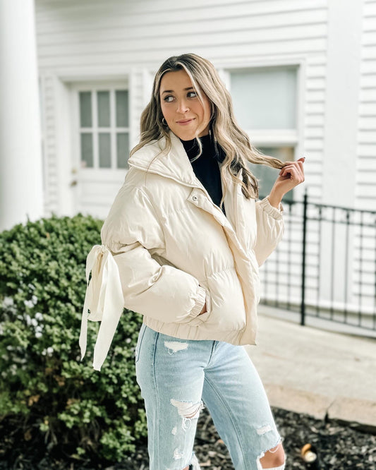 Ribbon Puffer Jacket Cream